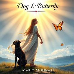 A captivating book cover design for 'Dog & Butterfly' by Mario Molinari, featuring a religious fantasy theme