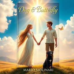 A captivating book cover design for 'Dog & Butterfly' by Mario Molinari, featuring a religious fantasy theme