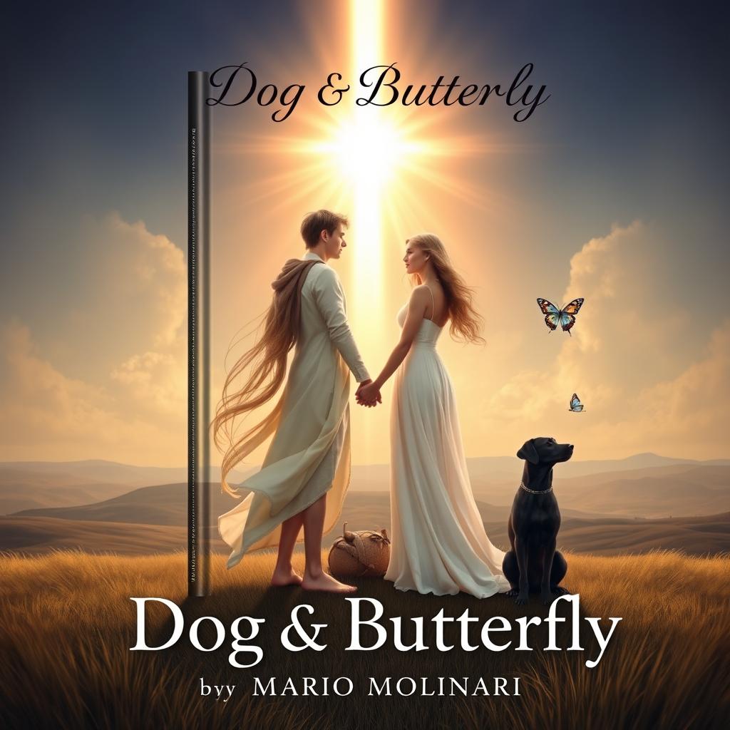 A captivating book cover design for 'Dog & Butterfly' by Mario Molinari, featuring a religious fantasy theme