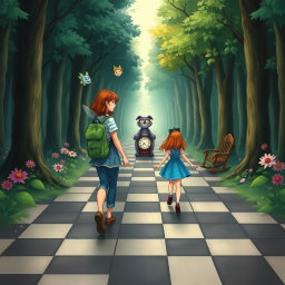 In the midst of an enchanted forest, one side is a dark, sad, and gloomy wood while the other side is vibrant, colorful, and joyful