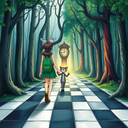In the midst of an enchanted forest, one side is a dark, sad, and gloomy wood while the other side is vibrant, colorful, and joyful