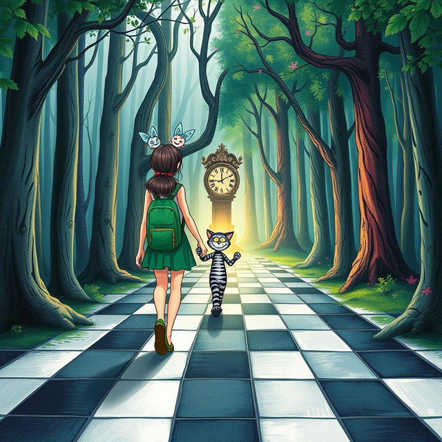 In the midst of an enchanted forest, one side is a dark, sad, and gloomy wood while the other side is vibrant, colorful, and joyful