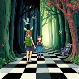 In the midst of an enchanted forest, one side is a dark, sad, and gloomy wood while the other side is vibrant, colorful, and joyful