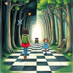 In the midst of an enchanted forest, one side is a dark, sad, and gloomy wood while the other side is vibrant, colorful, and joyful