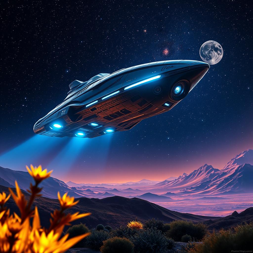 An alien spaceship landing on a vibrant, distant planet under a starry sky, featuring dramatic lighting and a sense of scale