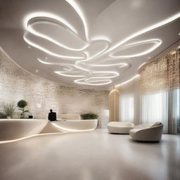 A grand office reception with parametric lighting casting beautiful patterns, advanced technology incorporated into the decor and a futuristic design.