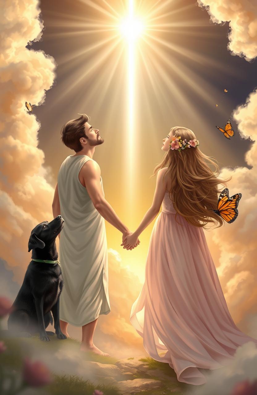 A religious fantasy scene depicting a man and a woman holding hands, gazing upwards toward a bright, ethereal light shining down from above, representing heaven