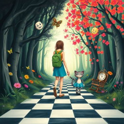In the center of an enchanted forest, one side displays a dark, sad, and gloomy woodland, while the other side bursts with vibrant, colorful, and joyful flora