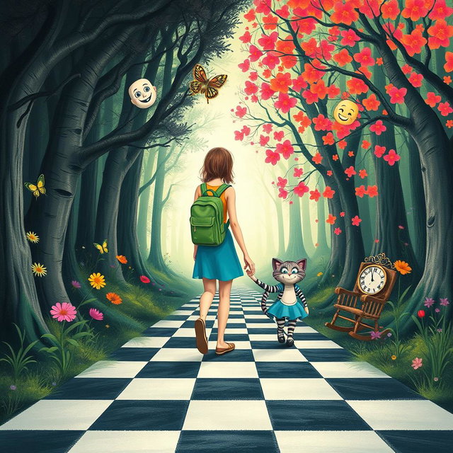 In the center of an enchanted forest, one side displays a dark, sad, and gloomy woodland, while the other side bursts with vibrant, colorful, and joyful flora