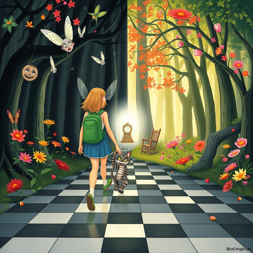 In the center of an enchanted forest, one side displays a dark, sad, and gloomy woodland, while the other side bursts with vibrant, colorful, and joyful flora