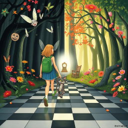 In the center of an enchanted forest, one side displays a dark, sad, and gloomy woodland, while the other side bursts with vibrant, colorful, and joyful flora