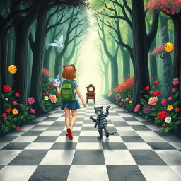 In the center of an enchanted forest, one side displays a dark, sad, and gloomy woodland, while the other side bursts with vibrant, colorful, and joyful flora