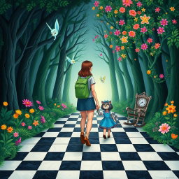 In the center of an enchanted forest, one side displays a dark, sad, and gloomy woodland, while the other side bursts with vibrant, colorful, and joyful flora