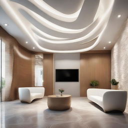 A grand office reception with parametric lighting casting beautiful patterns, advanced technology incorporated into the decor and a futuristic design.