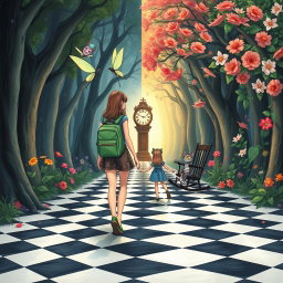 In the center of an enchanted forest, one side features a dark, sad, and gloomy woodland, while the other side is vibrant, colorful, and cheerful with beautiful flowers