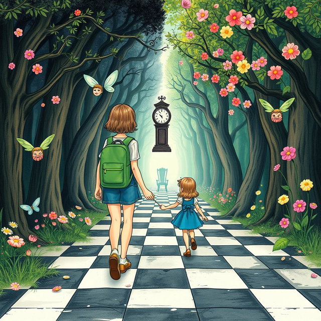 In the center of an enchanted forest, one side features a dark, sad, and gloomy woodland, while the other side is vibrant, colorful, and cheerful with beautiful flowers