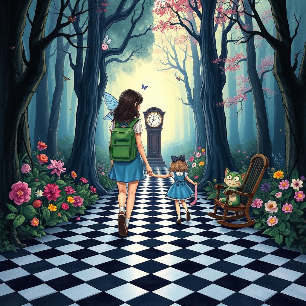 In the center of an enchanted forest, one side features a dark, sad, and gloomy woodland, while the other side is vibrant, colorful, and cheerful with beautiful flowers