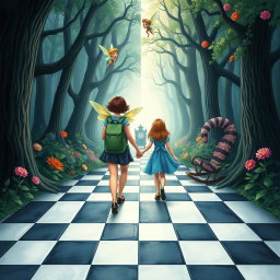In the center of an enchanted forest, one side features a dark, sad, and gloomy woodland, while the other side is vibrant, colorful, and cheerful with beautiful flowers
