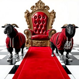 A regal throne chair fit for a king, intricately designed with luxurious details, accompanied by a plush red carpet leading up to it