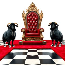 A regal throne chair fit for a king, intricately designed with luxurious details, accompanied by a plush red carpet leading up to it