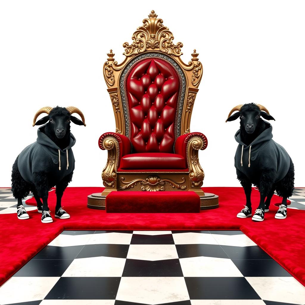 A regal throne chair fit for a king, intricately designed with luxurious details, accompanied by a plush red carpet leading up to it