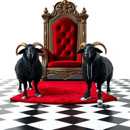 A regal throne chair fit for a king, intricately designed with luxurious details, accompanied by a plush red carpet leading up to it