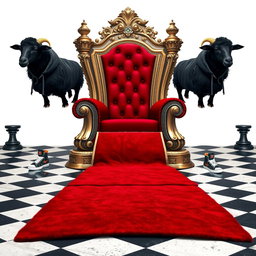 A regal throne chair fit for a king, intricately designed with luxurious details, accompanied by a plush red carpet leading up to it