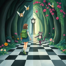 In the heart of an enchanted forest, one side is a dark, sad, and gloomy woodland, while the other side flourishes with vibrant, colorful, and cheerful flora