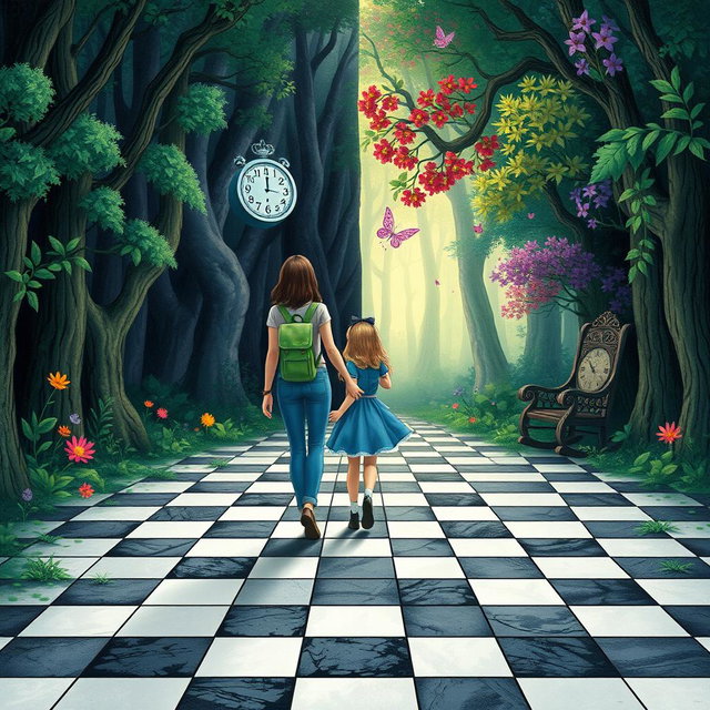 In the heart of an enchanted forest, one side is a dark, sad, and gloomy woodland, while the other side flourishes with vibrant, colorful, and cheerful flora