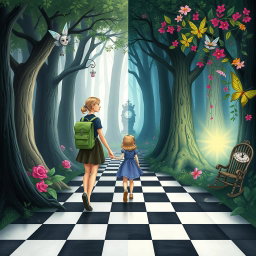 In the heart of an enchanted forest, one side is a dark, sad, and gloomy woodland, while the other side flourishes with vibrant, colorful, and cheerful flora