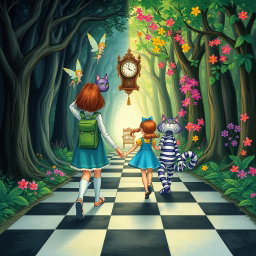 In the heart of an enchanted forest, one side is a dark, sad, and gloomy woodland, while the other side flourishes with vibrant, colorful, and cheerful flora