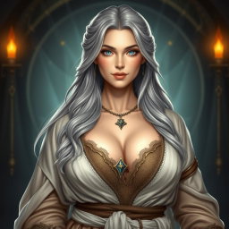A beautiful and busty Sun cleric healer, characterized by her kind and majestic demeanor