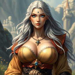 A beautiful and busty Sun cleric healer, characterized by her kind and majestic demeanor