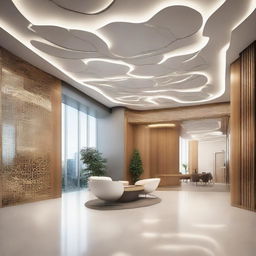 A grand office reception with parametric lighting casting beautiful patterns, advanced technology incorporated into the decor and a futuristic design.