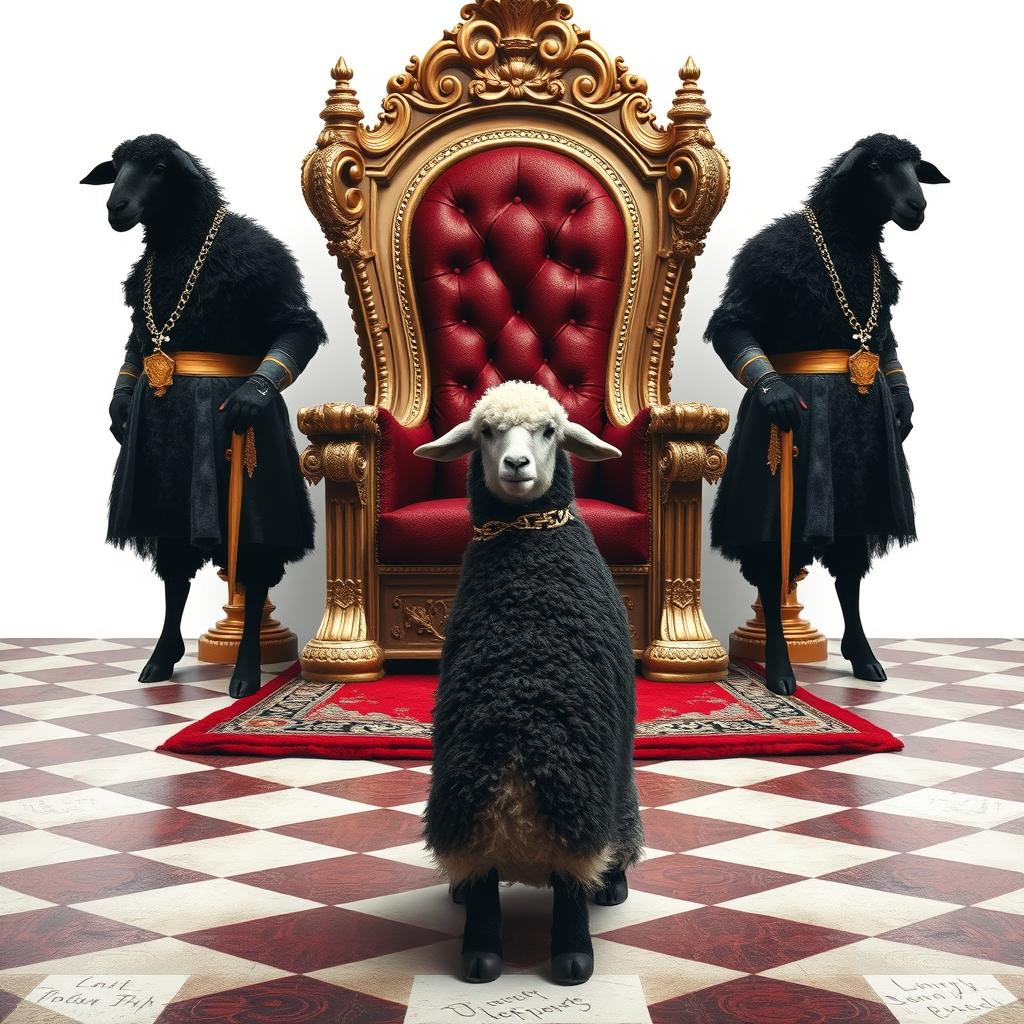 A royal throne chair intricately designed, surrounded by a chessboard floor