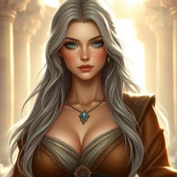 A beautiful, busty, shy and cute sun cleric healer with kind and majestic features