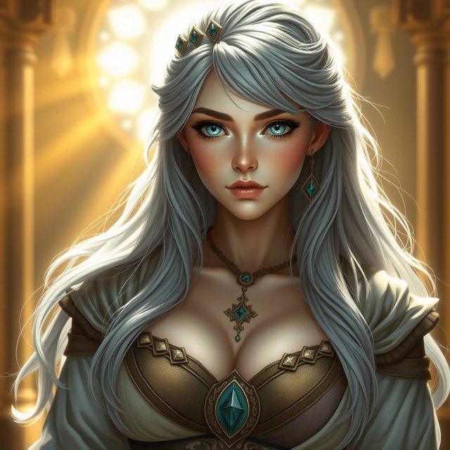 A beautiful, busty, shy and cute sun cleric healer with kind and majestic features