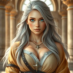 A beautiful, busty, shy and cute sun cleric healer with kind and majestic features