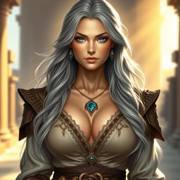 A beautiful, busty, shy and cute sun cleric healer with kind and majestic features
