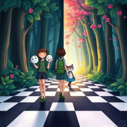 In the heart of an enchanted forest, one side presents a dark, sad, and gloomy woodland, while the other side is vibrant, colorful, and blooming with joy