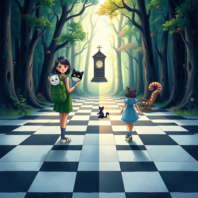 In the heart of an enchanted forest, one side presents a dark, sad, and gloomy woodland, while the other side is vibrant, colorful, and blooming with joy