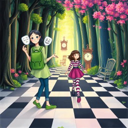 In the heart of an enchanted forest, one side presents a dark, sad, and gloomy woodland, while the other side is vibrant, colorful, and blooming with joy