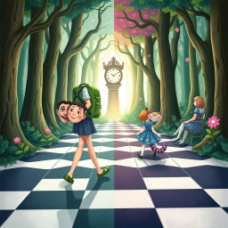In the heart of an enchanted forest, one side presents a dark, sad, and gloomy woodland, while the other side is vibrant, colorful, and blooming with joy