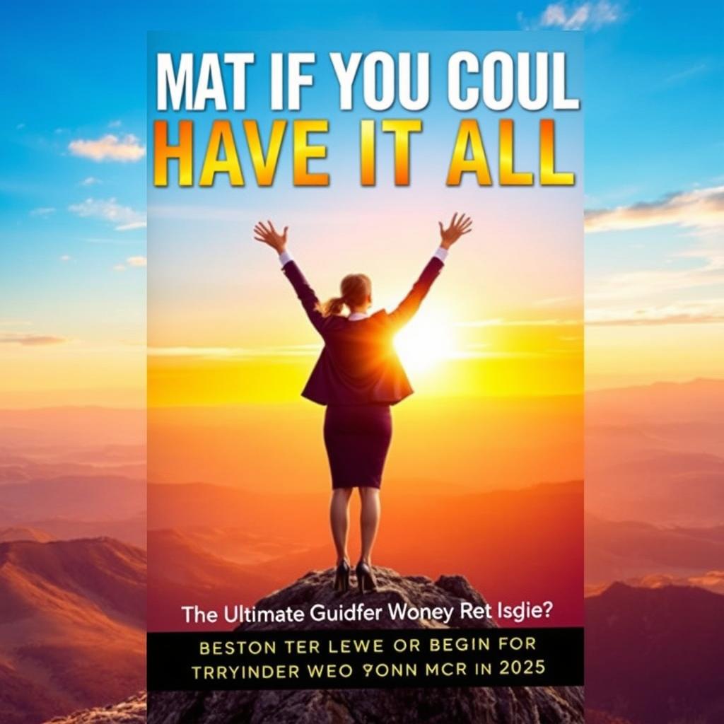 A book cover design for 'What If You Could Have It All?' featuring a strong and confident woman standing on a mountain peak with her arms raised triumphantly towards a vivid sunset