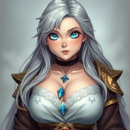A beautiful, shy and cute Sun cleric healer with long ash grey hair and very bright topaz blue eyes