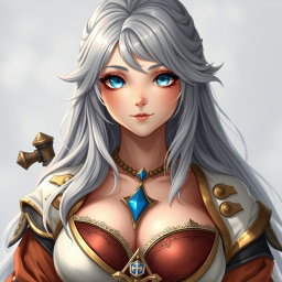A beautiful, shy and cute Sun cleric healer with long ash grey hair and very bright topaz blue eyes