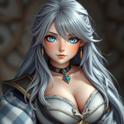 A beautiful, shy and cute Sun cleric healer with long ash grey hair and very bright topaz blue eyes
