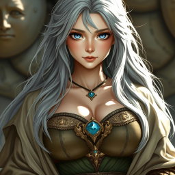 A beautiful, shy and cute Sun cleric healer with long ash grey hair and very bright topaz blue eyes