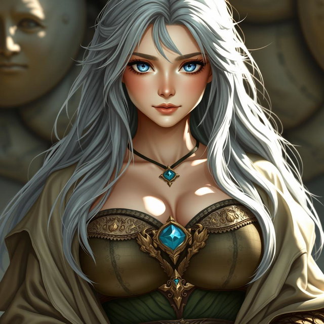 A beautiful, shy and cute Sun cleric healer with long ash grey hair and very bright topaz blue eyes