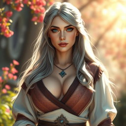 A beautiful, busty, shy, and cute Ukrainian Sun cleric healer with long ash grey hair, bright topaz blue eyes, and a round, kind, caring face